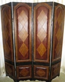 Pair Leather 4 Panel Folding Wood Room Dividers