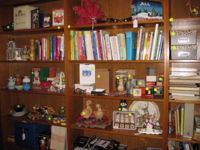 Cook and craft books, holiday items etc.  Bookcases