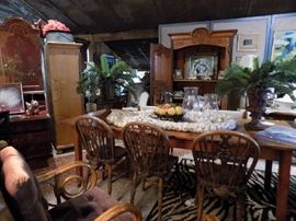 Texas cypress table, French armoire in background. 12' fresh garlic string. Edible and organic. This year's crop, hand braided.