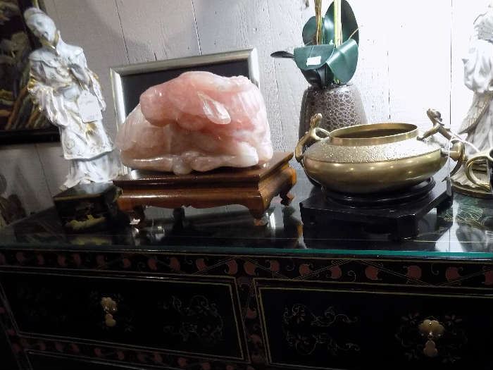 Large and impressive rose quartz ox on stand is a show stopper. Marked down just in time for the holiday gift list or a gift for yourself to enliven your home or office.