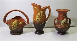 ~ C/1930's Roseville Freesia Ewer #20-10 ~ C/1930's Roseville Freesia Basket #391-8 ~ C/1930's Roseville Freesia Vase #122-8