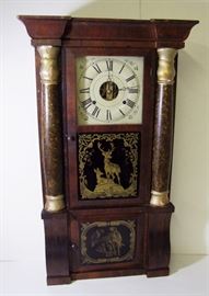 Clock #2 C/1840's Marsh, Gilbert & Co. Mahogany 1/2 column, weight driven, stenciled crest, wooden movement, 28" h.