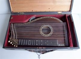 C/1860's Rosewood German concert Zither signed F. Seith, Munchen, engraved tuner w/MOP inlays and original locking case w/tuner key