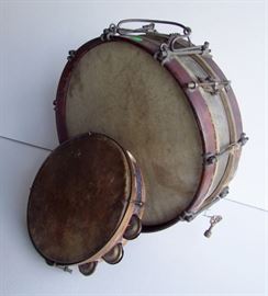 ~ C/1870's Tambourine w/original skin and bone lined finger hole ~ C/1870's Marching snare drum w/claw style hardware, complete skins