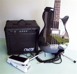 C/2005 Gretsch Electromatic Bass Guitar, model G-2210, includes Bass Crate 15 watt amp model BX15, Cry Baby Bass pedal, soft case, cords and guitar stand