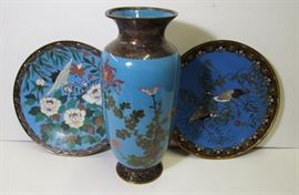 ~ C/1900 Tall Cloisonné vase w/mums on blue background, 15" h. ~ 2 Cloisonné Charges w/Egrets, 12" dia.