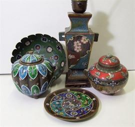 C/1900 Cloisonné covered jar, melon form ~ C/1900 Cloisonné covered jar ~ C/1900 Cloisonné plate w/birds and butterflies ~Etc