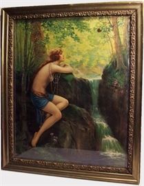 C/1915 Color litho of semi-nude girl watching a squirrel, framed, 16x20"h.