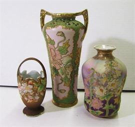 3 1910 Signed Nippon "Coraline" Porcelain Vases & Basket