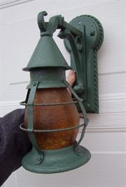 1920 Signed Moe-Bridges Porch Lamp - wired with Orig Amber Glue Chip Shade