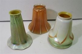 C/1920's signed Steuben pulled feather Art glass shade, 5" ~ C/1910 Quezal pulled feather Art glass shade, as is ~ C/1920's Gold Iridescent NuArt stretch glass shade