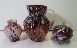 C/1890-3 pcs. Ox Blood Spatter glassware including pitcher, vase and covered candy