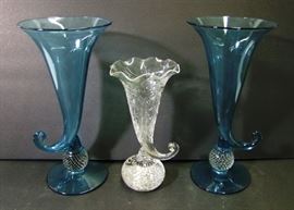 ~ Pair of C/1920 Pairpoint blue and clear Copia vases w/paperweight supports, 11"h. ~ C/1915 Cut Crystal Pairpoint Copia vase w/paperweight base