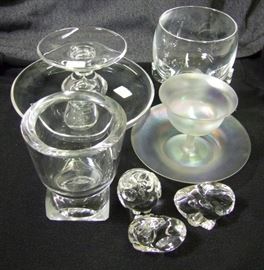 ~ Steuben crystal compote, 8" dia. ~ Steuben nut dish, 5" dia. ~ Steuben Crystal bowl on base, 5 1/2" h. ~ C/1920's Steuben Verre de Soie custard cup w/under plate, iridescent, pontiled ~ C/1950's-3 Steuben crystal animals inc. eagle, owl and ram