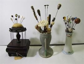 More Amazing Hat Pins incl Lg Asian Group of Satsuma and Carved Bone