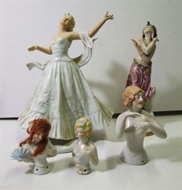 C/1930 Porcelain figure of Female Ballroom Dancer signed Schaubach Kunst, Germany, 9" h. ~ C/1910 German porcelain figure of Dancer signed Rudolstadt, 8" h. & 3 German Half Dolls
