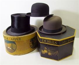 ~ C/1910 Gentleman's Top hat w/box and C/1920 Dobbs hat box w/2 English Bowler hats