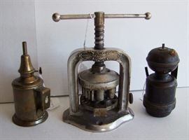 Dated 1907 W.M. Sharp adjustable nickel plated crimping press ~ Dated 1886 French brass alcohol lamp ~ 1910 Carbide Copper Miners Lamp