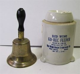 1880 Heavy Brass School Bell & Red Wing Chicken Feeder