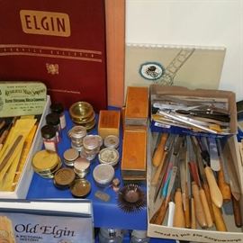 Watchmaking tools, jars, tins, and boxes