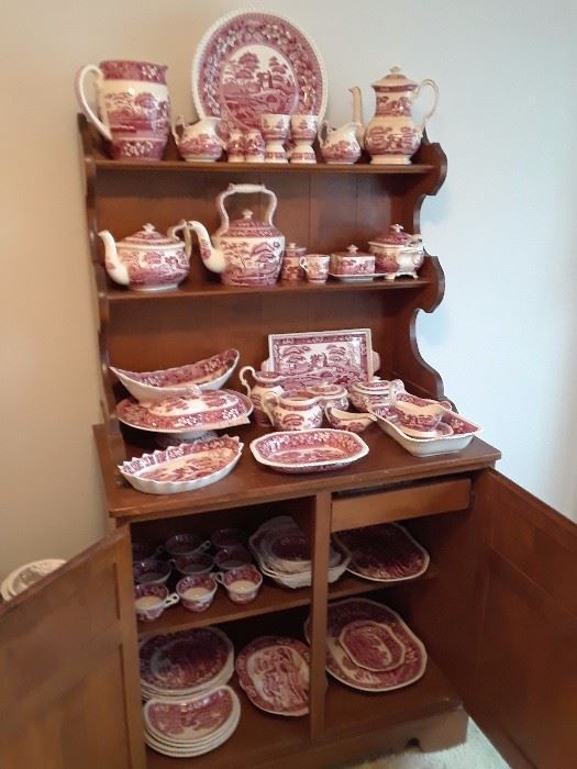 Red Spode Tower Copeland Original; Rare Serving Set. Tea Pots, Plates, Cups & Saucers, Raised Cake Platter, Water Pitcher, Covered Butter Dishes, Gravy Boat and the list goes on.