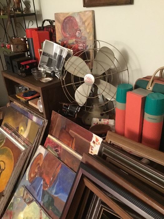 1950s Thermos Sets, Metal Fan, Vintage Binoculars, Vintage Camera Equipment, Original Artwork by local Detroit Artist