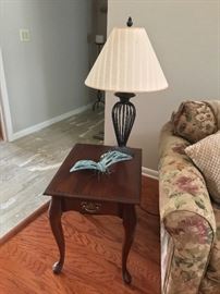 wood side table, accent lamp, copper butterfly