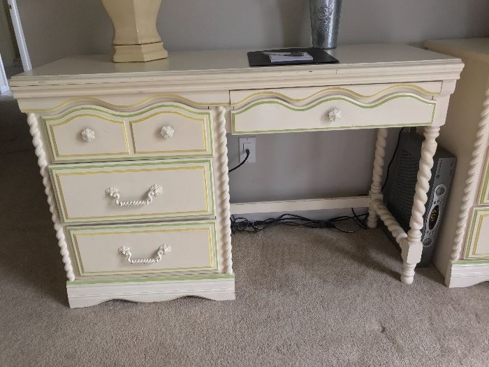 vintage cottage desk, unique hardware, turned legs, curved drawers