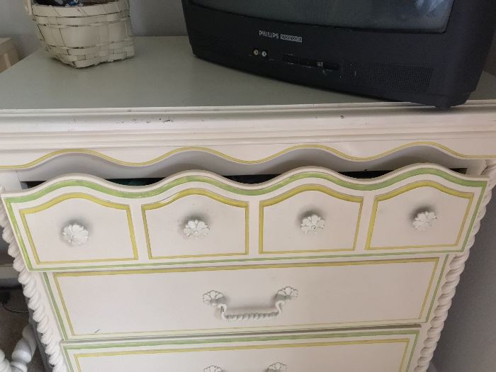 vintage cottage dresser, unique hardware, turned wood, curved drawers