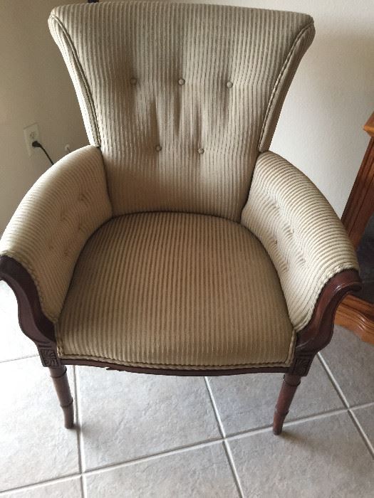 Antique reupholstered chair  approx 36 inch hgt   29 inch wide and  21 inch depth