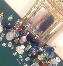 Art glass and crystal perfume bottles, Swarovski crystal animal figures