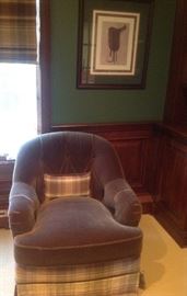 Velvet and plaid swivel chair, one of a pair of equestrian prints