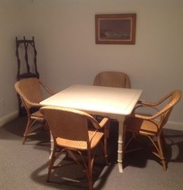 Adirondack corner etagere, four wicker chairs, painted game table