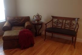 Country French settee, paisley chair and ottoman, Italian majolica wine dispenser