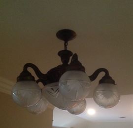 Antique brass andfrosted cut glass chandelier