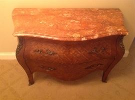 Early/mid 20thc parquetry rouge marble top bombe chest