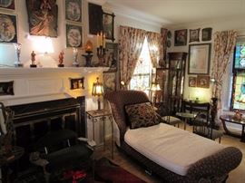 Furnishings including sofas, chaise lounge, funeral parlor pieces, display cabinets of all sizes