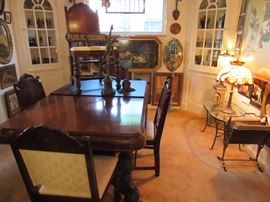 1930s Mahogany Dining Table with Chairs and Leaf, Art Nouveau Magazine Racks, Sanctuary Lamps (blue glass/candle), Tiffany-style Table Lamps, Bronzes and other scupltures