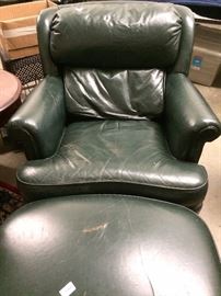 Green leather club chair & ottoman