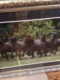 One of the many framed art selections - black Friesian horses