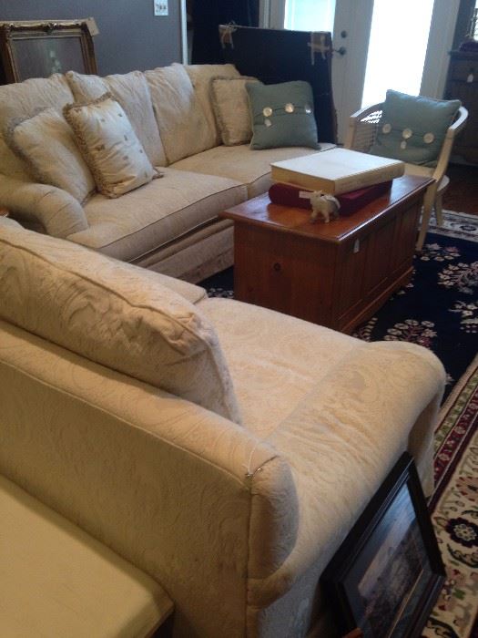Formal white sofa and matching loveseat; cedar chest
