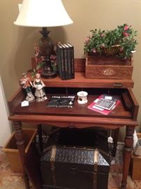 Fold-out secretary; Stiffel lamp; decor; below- storage chest