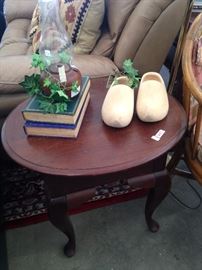 Round side table; Dutch wooden shoes