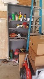 Garage shelving with drawers.