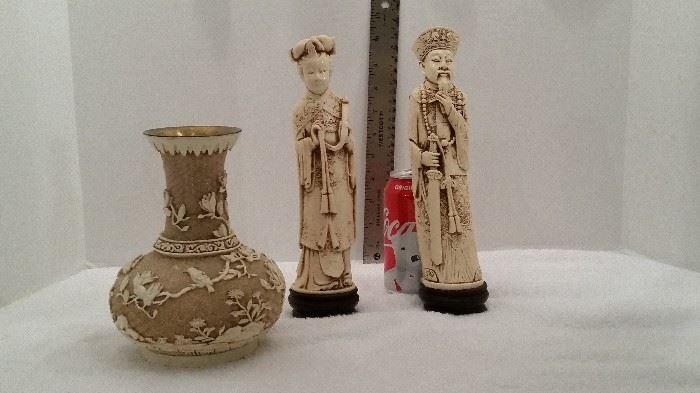 Left:  Resin appliqué relief on
  brass vase in oriental motif;
Right: Traditional Oriental couple
  cast in resin. NOT IVORY.