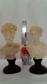 Pedestal- mounted classical busts cast in alabaster resin.
Left:       Michelangelo's "David"
Right:    Greek goddess "Artemis"