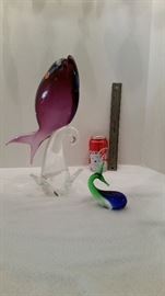 Left: breaching "blue fish."  Actually, a lovely amethyst.
Right:  Small multicolored whale .
BOTH: GENUINE/ORIGINAL MURANO