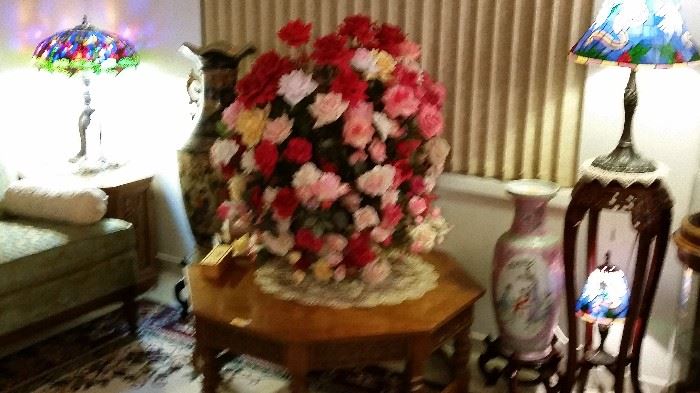 Gigantic Silken Centerpiece in heavy glass vase.  A spectacular, well-balanced, hand-created celebration of the rose.