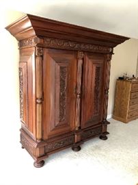 Massive Carved Raised Panel Wardrobe Armoire