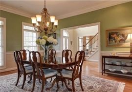 Queen Anne style dining table, 6 Queen Anne style chairs (2 arm, 6 side), Server, original art, quality hand knotted Persian Rug